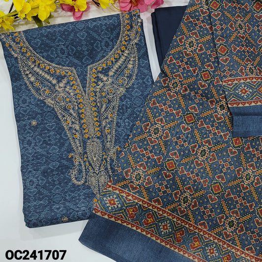 CODE OC241707 : Dark blue patola printed premium semi tussar silk unstitched salwar material, zari& thread work on yoke, zari work on front(thin fabric, lining needed)matching santoon bottom, patola printed semi tussar dupatta.