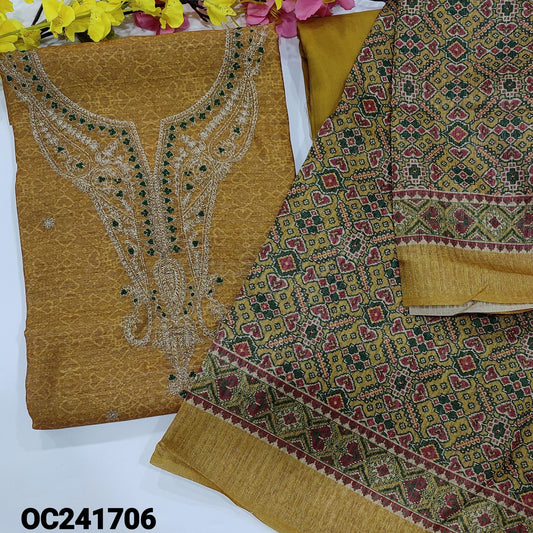 CODE OC241706 : Mehandhi yellow patola printed premium semi tussar silk unstitched salwar material, zari& thread work on yoke, zari work on front(thin fabric, lining needed)matching santoon bottom, patola printed semi tussar dupatta.