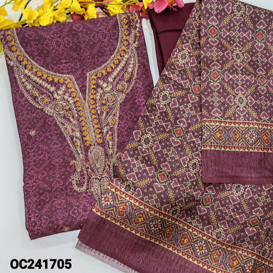 CODE OC241705 : Dark beetroot purple patola printed premium semi tussar silk unstitched salwar material, zari& thread work on yoke, zari work on front(thin fabric, lining needed)matching santoon bottom, patola printed semi tussar dupatta.