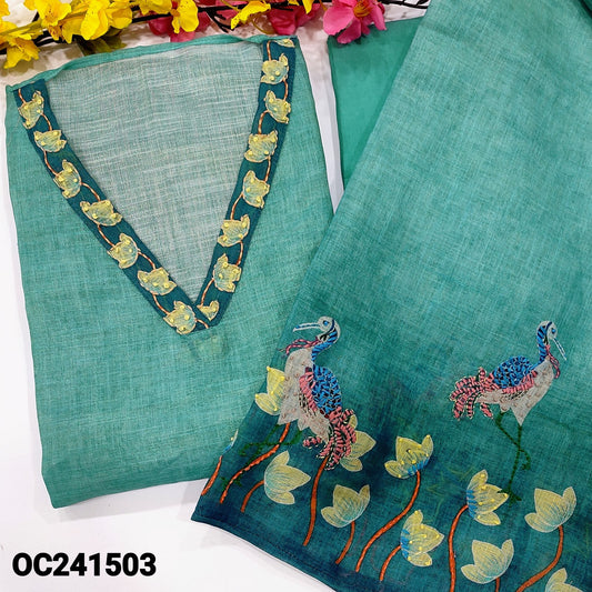 CODE OC241503 : Blue with golden tint designer premium tissue linen unstitched salwar material, v neck with thread work(thin fabric, lining needed)rich work on front, matching santoon bottom, hand embroidered tissue linen dupatta.