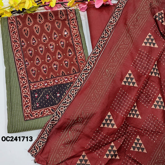 CODE OC241713 : Cement green kantha cotton unstitched salwar material, ajrak block printed yoke with real mirror work(lining optional)maroon cotton bottom, block printed pure cotton dupatta.