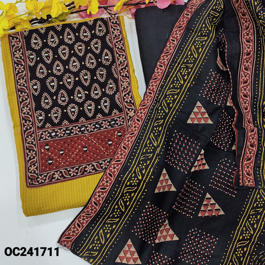 CODE OC241711 : Bright mehandhi yellow kantha cotton unstitched salwar material, ajrak block printed yoke with real mirror work(lining optional)black cotton bottom, block printed pure cotton dupatta.