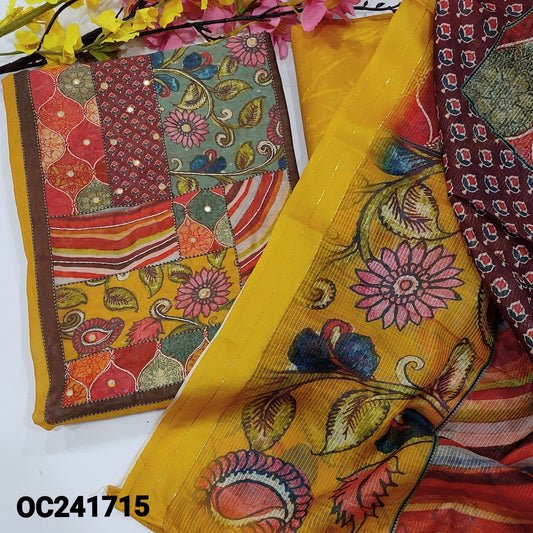 CODE OC241715 : Bright yellow digital printed silk cotton unstitched salwar material, abstract printed yoke with faux mirror &zardozi work, zari buttas all over(thin fabric, lining needed)matching silky bottom, abstract printed silk cotton dupatta.