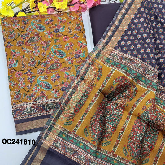 CODE OC241810 : Light mehandhi yellow floral printed soft silk cotton unstitched salwar material(thin fabric, lining needed)deep wine purple spun cotton bottom, printed silk cotton full length dupatta with paisley printed pallu.