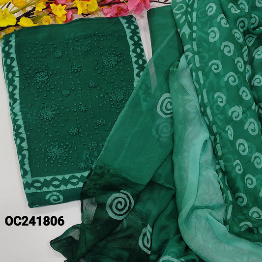 CODE OC241806 : Dark turquoise green original wax batik crepe georgette unstitched salwar material, thread work on yoke(thin fabric, lining needed)matching silky fabric provided for both bottom& lining, dual shaded pure georgette full length dupatta.