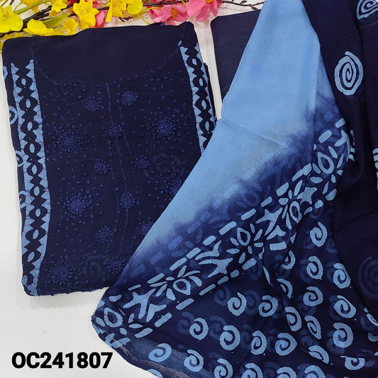 CODE OC241807 : Dark blue original wax batik crepe georgette unstitched salwar material, thread work on yoke(thin fabric, lining needed)matching silky fabric provided for both bottom& lining, dual shaded pure georgette full length dupatta.