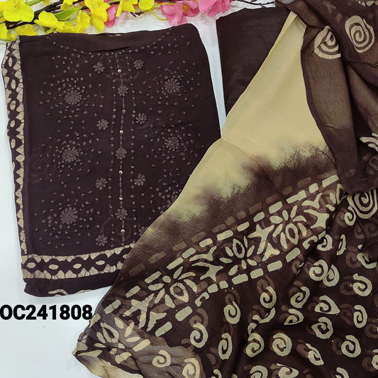 CODE OC241808 : Dark brown original wax batik crepe georgette unstitched salwar material, thread work on yoke(thin fabric, lining needed)matching silky fabric provided for both bottom& lining, dual shaded pure georgette full length dupatta.