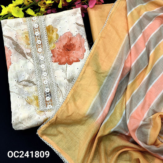 CODE OC241809 : Beige base floral printed schiffli embroidered glazed cotton unstitched salwar material, lace &sequins work on yoke(thin fabric, lining needed)peach santoon bottom, printed premium mul cotton dupatta with lace tapings.