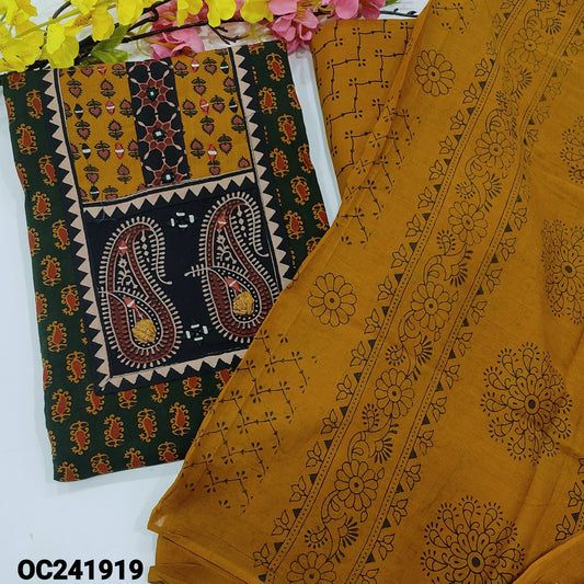 CODE OC241919 : Dark green ajrak block printed premium soft cotton unstitched salwar material, real mirror &thread work on yoke(lining optional)mehandhi yellow block printed cotton bottom, block printed pure mul cotton dupatta.