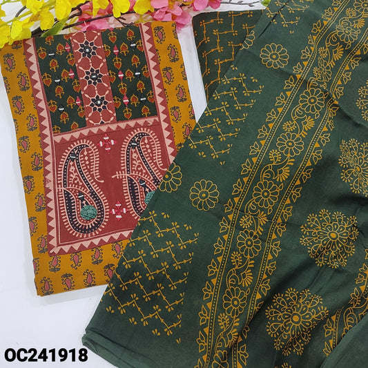 CODE OC241918 : Mehandhi yellow ajrak block printed premium soft cotton unstitched salwar material, real mirror &thread work on yoke(lining optional)dark green block printed cotton bottom, block printed pure mul cotton dupatta.