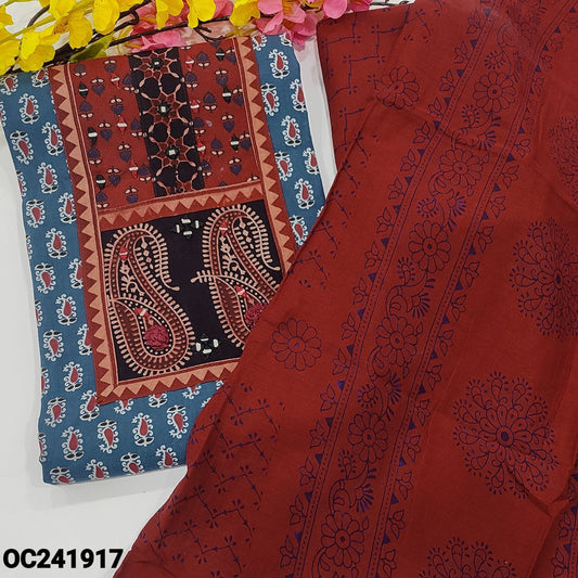 CODE OC241917 : Blue ajrak block printed premium soft cotton unstitched salwar material, real mirror &thread work on yoke(lining optional)maroon block printed cotton bottom, block printed pure mul cotton dupatta.