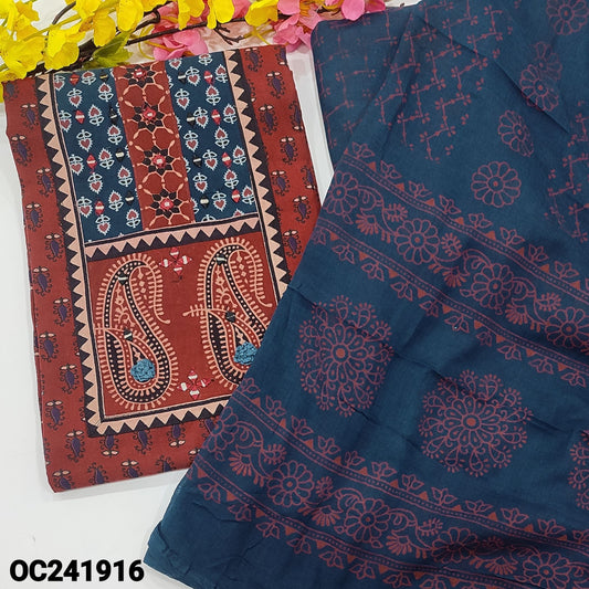 CODE OC241916 : Maroon ajrak block printed premium soft cotton unstitched salwar material, real mirror &thread work on yoke(lining optional)blue block printed cotton bottom, block printed pure mul cotton dupatta.