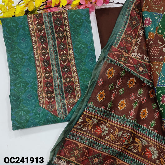 CODE OC241913 : Dark teal green sobar digital patola printed silk cotton unstitched salwar material, bead& sequins work on yoke(thin fabric, lining needed)dark brown cotton bottom, digital printed silk cotton dupatta.