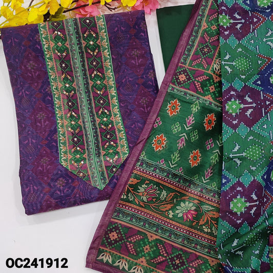 CODE OC241912 : Dark purple sobar digital patola printed silk cotton unstitched salwar material, bead& sequins work on yoke(thin fabric, lining needed)green cotton bottom, digital printed silk cotton dupatta.