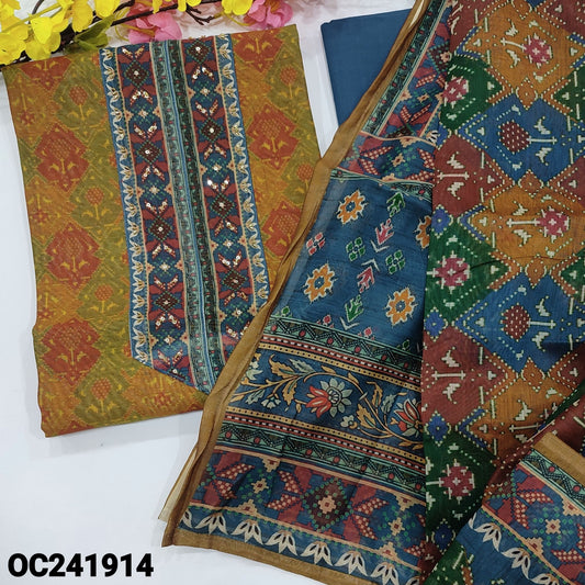 CODE OC241914 : Mehandhi yellow sobar digital patola printed silk cotton unstitched salwar material, bead& sequins work on yoke(thin fabric, lining needed)dark blue cotton bottom, digital printed silk cotton dupatta.