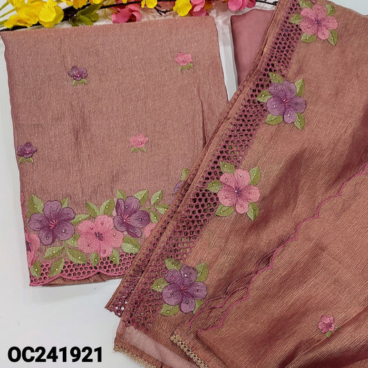 CODE OC241921 : Pink with golden tint designer crinkled tissue silk cotton unstitched salwar material, embroidered on front(thin fabric, lining needed)rich daman, matching silky bottom, embroidered crinkled tissue silk cotton dupatta.