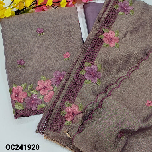 CODE OC241920 : Light purple with golden tint designer crinkled tissue silk cotton unstitched salwar material, embroidered on front(thin fabric, lining needed)rich daman, matching silky bottom, embroidered crinkled tissue silk cotton dupatta.