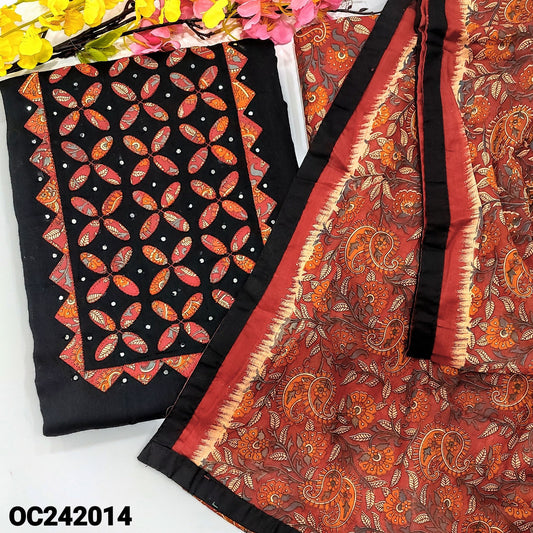 CODE OC242014 : Black and maroon premium cotton unstitched salwar material, applique and faux mirror work on yoke, printed pure cotton bottom, printed pure cotton full length dupatta with tapings.