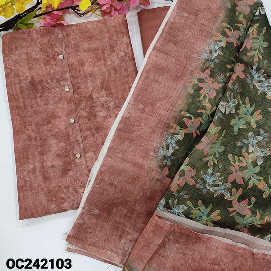 CODE OC242103 : Pink with golden tint sobar floral printed tissue silk cotton unstitched salwar material, fancy buttons on yoke(thin fabric, lining needed)matching silky bottom, floral printed soft tissue silk cotton dupatta.