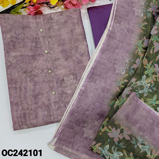 CODE OC242101 : Light purple with golden tint sobar floral printed tissue silk cotton unstitched salwar material, fancy buttons on yoke(thin fabric, lining needed)matching silky bottom, floral printed soft tissue silk cotton dupatta.