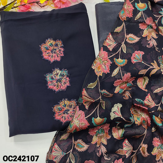 CODE OC242107 : Dark blue semi georgette unstitched salwar material, applique& bead work on yoke(thin fabric, lining needed)matching silky fabric provided for both bottom& lining, brasso chiffon dupatta.