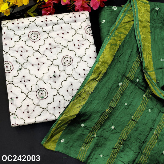 CODE OC242003 : White pure cotton unstitched salwar material, heavy thread work on front(thin fabric, lining needed)green original bandhini dyed bottom, original bandhini dyed pure cotton dupatta with zari lines(REQUIRES TAPINGS).