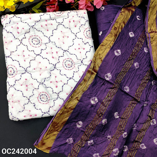 CODE OC242004 : White pure cotton unstitched salwar material, heavy thread work on front(thin fabric, lining needed)violet original bandhini dyed bottom, original bandhini dyed pure cotton dupatta with zari lines(REQUIRES TAPINGS).