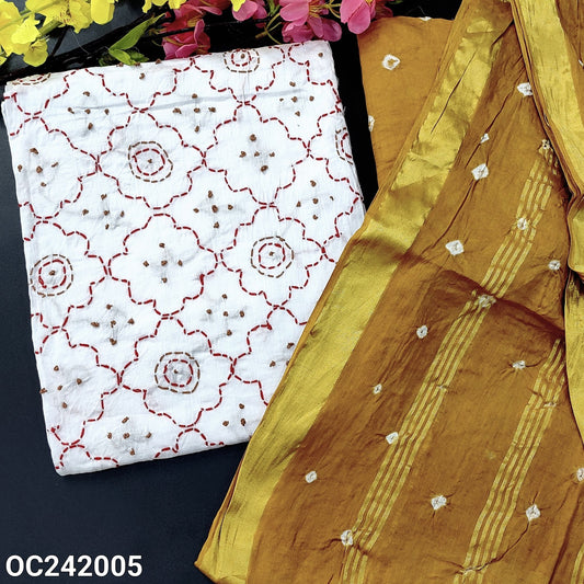 CODE OC242005 : White pure cotton unstitched salwar material, heavy thread work on front(thin fabric, lining needed)mehandhi yellow original bandhini dyed bottom, original bandhini dyed pure cotton dupatta with zari lines(REQUIRES TAPINGS).