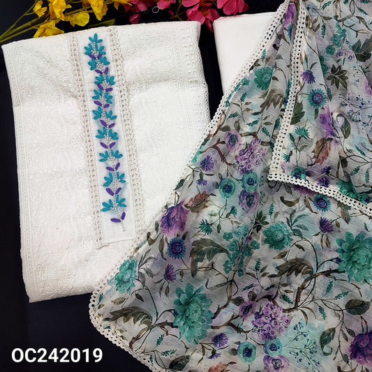 CODE OC242019 : White chikankari embroidered cotton unstitched salwar material, thread& bead work on yoke, panel pattern on front(thin fabric, lining needed)matching cotton bottom, floral printed chiffon dupatta with lace tapings.