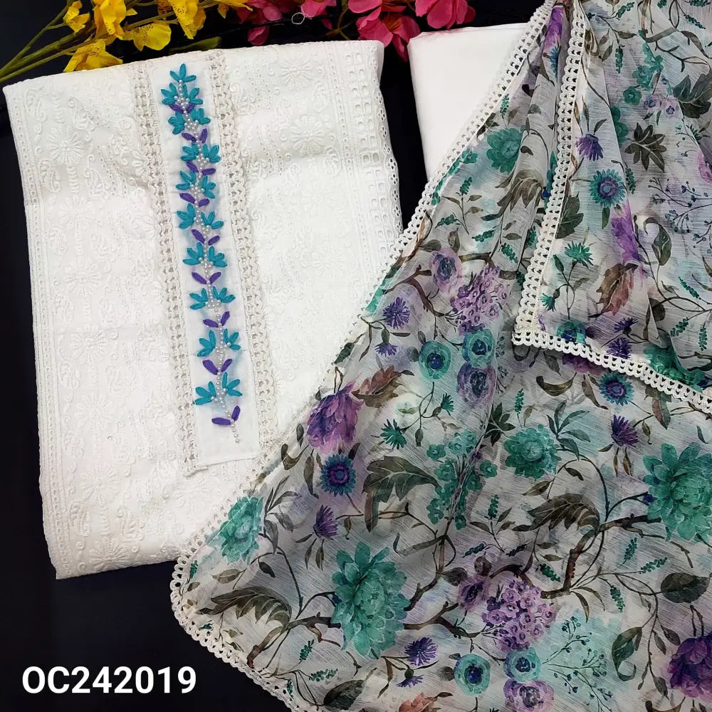 CODE OC242019: White chikankari embroidered cotton unstitched salwar material thread& bead work on yoke panel pattern