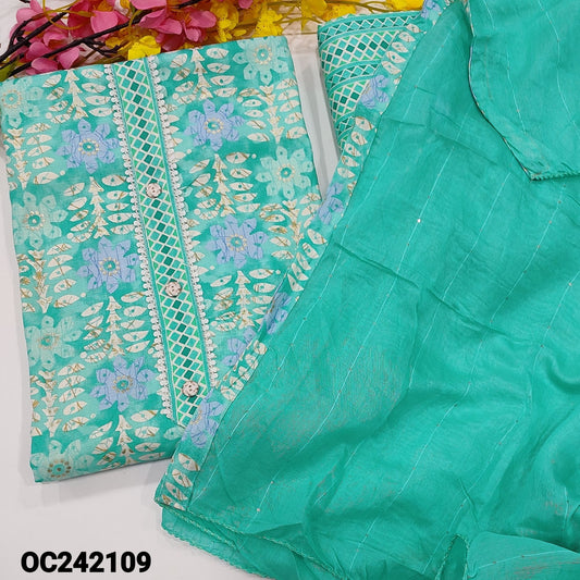 CODE OC242109 : Blue printed liquid fabric unstitched salwar material, fancy buttons &lace work on yoke(lining optional)printed cotton bottom, fancy soft silk cotton dupatta with sequins &tapings.