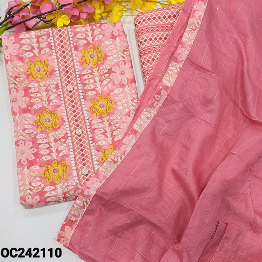 CODE OC242110 : Pink printed liquid fabric unstitched salwar material, fancy buttons &lace work on yoke(lining optional)printed cotton bottom, fancy soft silk cotton dupatta with sequins &tapings.