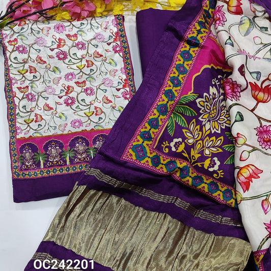 CODE OC242201 : Dark purple dola silk unstitched salwar material, floral printed gajji silk yoke patch with bead work(shiny fabric, lining needed)matching santoon bottom, floral printed gajji silk short width dupatta with gold tissue pallu.