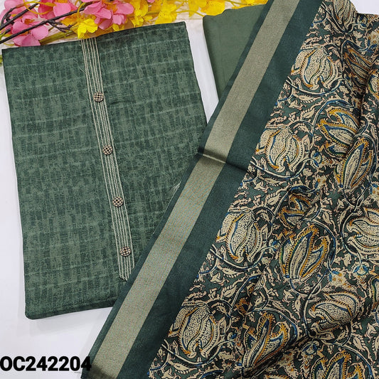 CODE OC242204 : Greenish grey semi tussar unstitched salwar material, fancy buttons& kantha stitch work on yoke, self woven design all over(thin, lining needed)matching santoon bottom, kalamkari printed fancy silk dupatta with gold tissue borders.