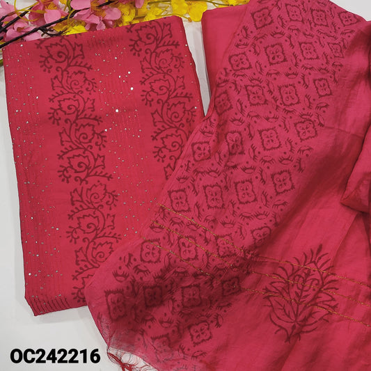 CODE OC242216 : Bright pink block printed fancy silk unstitched salwar material, sequins work on front(thin fabric, lining  needed)matching silky bottom, block printed fancy soft silk dupatta(REQUIRES TAPINGS).