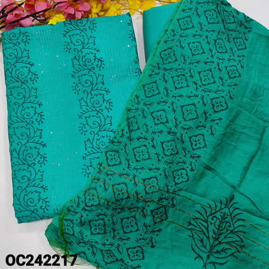 CODE OC242217 : Bright turquoise blue block printed fancy silk unstitched salwar material, sequins work on front(thin fabric, lining  needed)matching silky bottom, block printed fancy soft silk dupatta(REQUIRES TAPINGS).