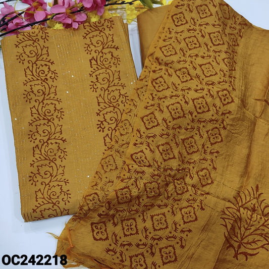 CODE OC242218 : Mehandhi yellow block printed fancy silk unstitched salwar material, sequins work on front(thin fabric, lining  needed)matching silky bottom, block printed fancy soft silk dupatta(REQUIRES TAPINGS).