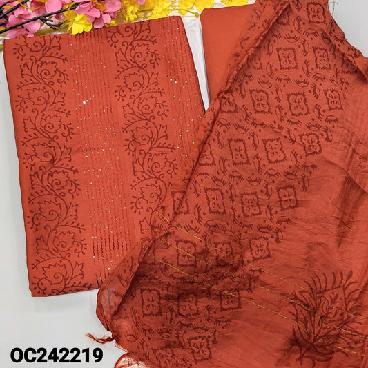 CODE OC242219 : Brick red block printed fancy silk unstitched salwar material, sequins work on front(thin fabric, lining  needed)matching silky bottom, block printed fancy soft silk dupatta(REQUIRES TAPINGS).