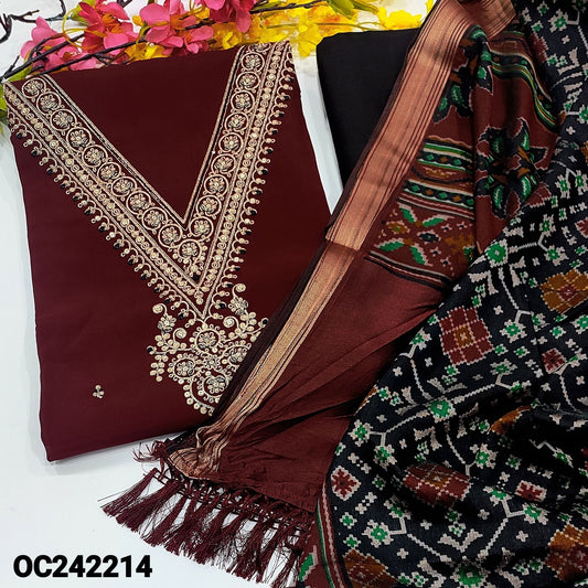 CODE OC242214 : Maroon silk cotton unstitched salwar material, v neck with zari& sequins work, thread& zari work on front(lining needed)black soft bottom, patola printed fancy silk dupatta with tassels.