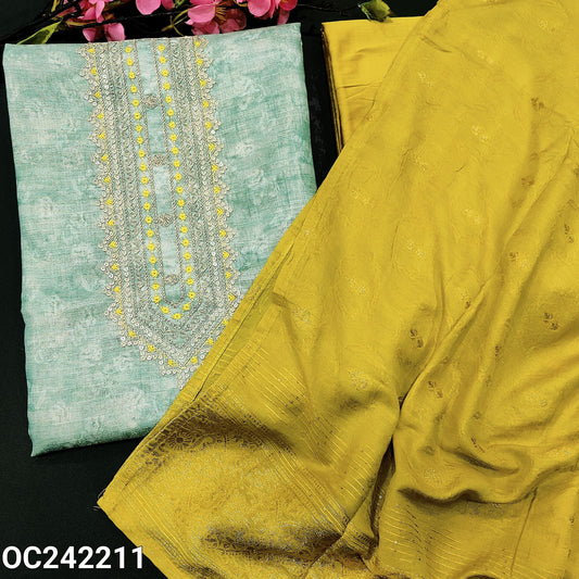 CODE OC242211 : Pastel blue tissue silk cotton unstitched salwar material, zari, sequins &thread work on yoke(thin fabric, lining needed)bright mehandhi yellow silk cotton bottom, jakard silk cotton dupatta with self woven design, zari buttas& rich pallu.