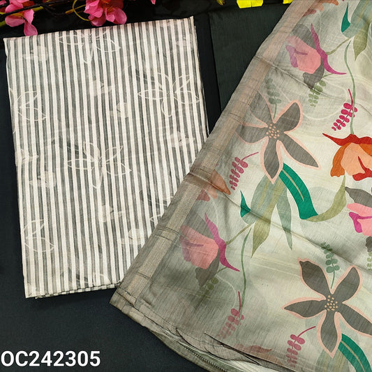 CODE OC242305 : Half white base striped printed semi gicha textured silk cotton unstitched salwar material, sobar floral printed all over(thin fabric, lining needed)grey silk cotton bottom, multi color floral printed semi gicha dupatta.