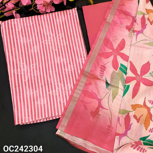 CODE OC242304 : Half white base striped printed semi gicha textured silk cotton unstitched salwar material, sobar floral printed all over(thin fabric, lining needed)bright pink silk cotton bottom, multi color floral printed semi gicha dupatta.