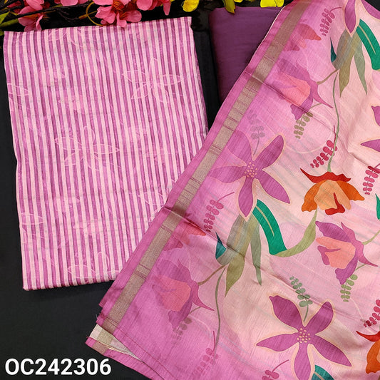 CODE OC242306 : Half white base striped printed semi gicha textured silk cotton unstitched salwar material, sobar floral printed all over(thin fabric, lining needed)rani pink silk cotton bottom, multi color floral printed semi gicha dupatta.