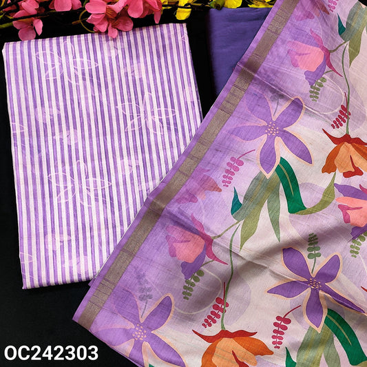 CODE OC242303 : Half white base striped printed semi gicha textured silk cotton unstitched salwar material, sobar floral printed all over(thin fabric, lining needed)dark purple silk cotton bottom, multi color floral printed semi gicha dupatta.