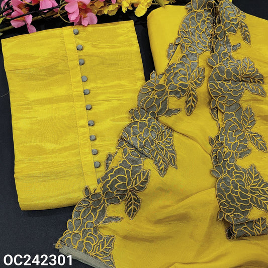 CODE OC242301 : Mehandhi yellow with golden tint tissue organza silk unstitched salwar material, potli buttons on yoke(thin fabric, lining needed)rich daman, matching santoon bottom, pure tissue organza silk dupatta with rich work.