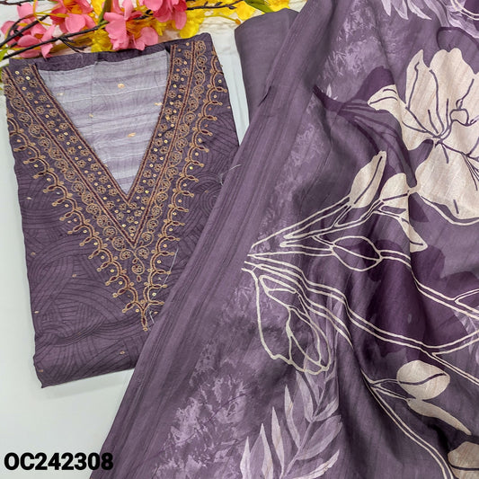 CODE OC242308 : Dark purple designer digital printed premium tussar silk unstitched salwar material, v neck with zari& sequins work, zari buttas on front(thin fabric, lining needed)matching santoon bottom, digital printed tussar silk dupatta.