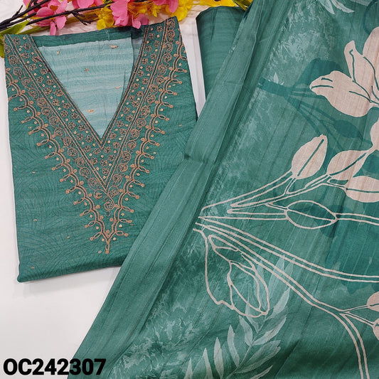 CODE OC242307 : Teal blue designer digital printed premium tussar silk unstitched salwar material, v neck with zari& sequins work, zari buttas on front(thin fabric, lining needed)matching santoon bottom, digital printed tussar silk dupatta.