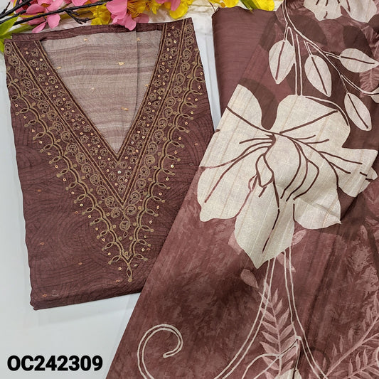 CODE OC242309 : Dark onion pink designer digital printed premium tussar silk unstitched salwar material, v neck with zari& sequins work, zari buttas on front(thin fabric, lining needed)matching santoon bottom, digital printed tussar silk dupatta.