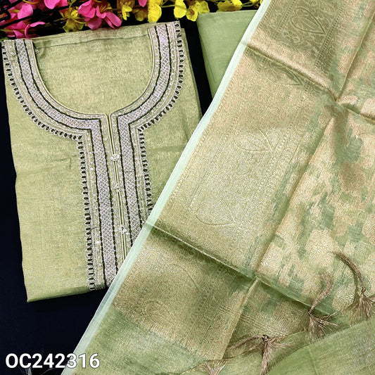 CODE OC242316 : Pastel green with golden tint soft tissue silk cotton unstitched salwar material, zari& sequins work on yoke(thin fabric, lining needed)matching santoon bottom, banarasi zari woven tissue silk cotton dupatta with tassels.