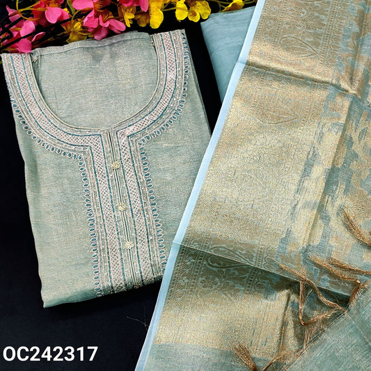 CODE OC242317 : Pastel blue with golden tint soft tissue silk cotton unstitched salwar material, zari& sequins work on yoke(thin fabric, lining needed)matching santoon bottom, banarasi zari woven tissue silk cotton dupatta with tassels.